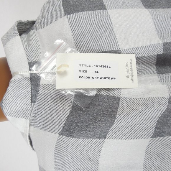 SIM & SAM Top XL New Casual Button Down Plaid Shirt Hi/Low Split Hem Gray/White - Picture 9 of 11